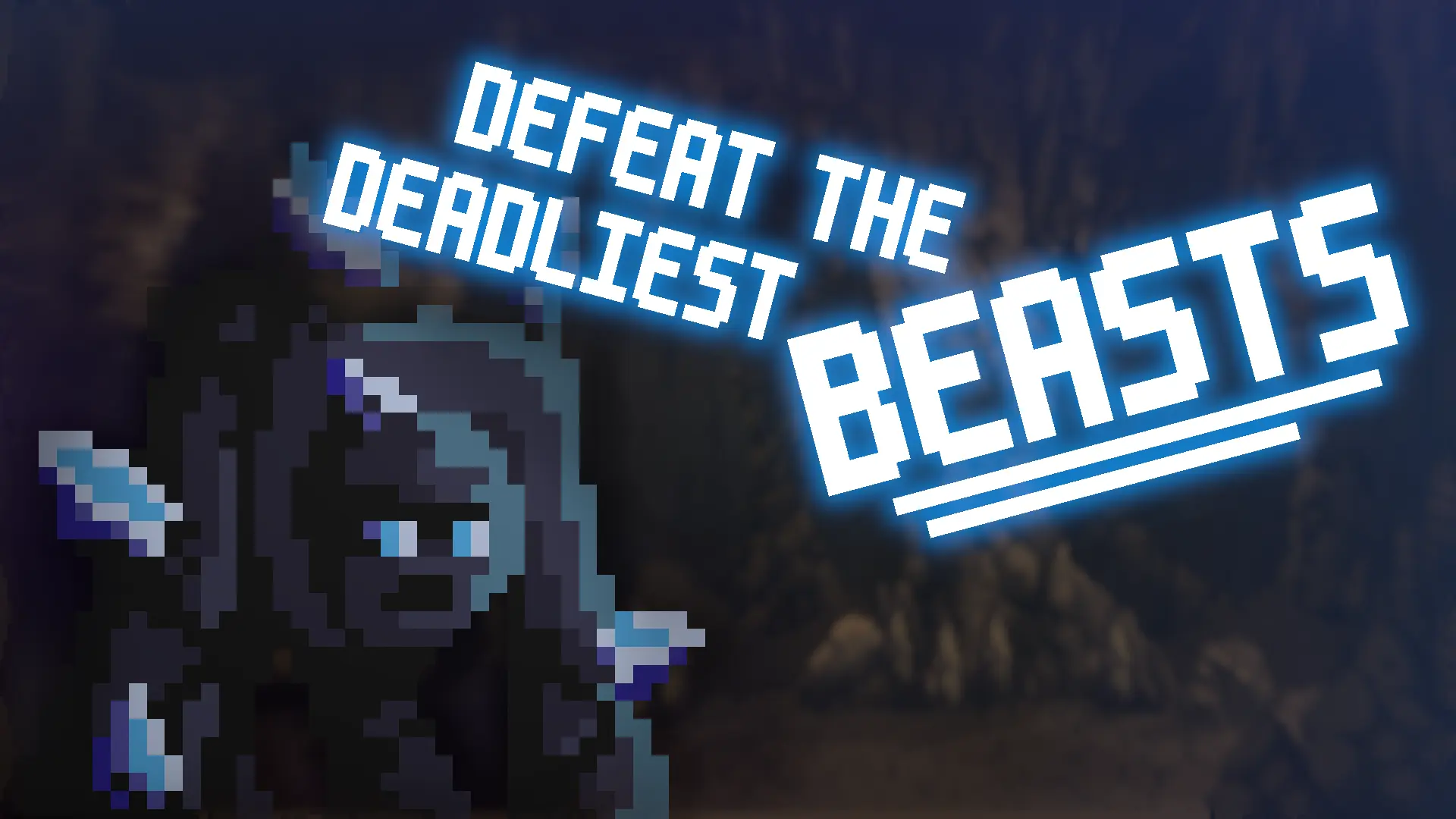 Pixel Siege campaign mode teaser featuring a giant crystal enemy, dark cave background, and blue neon text 'Defeat the deadliest beasts'