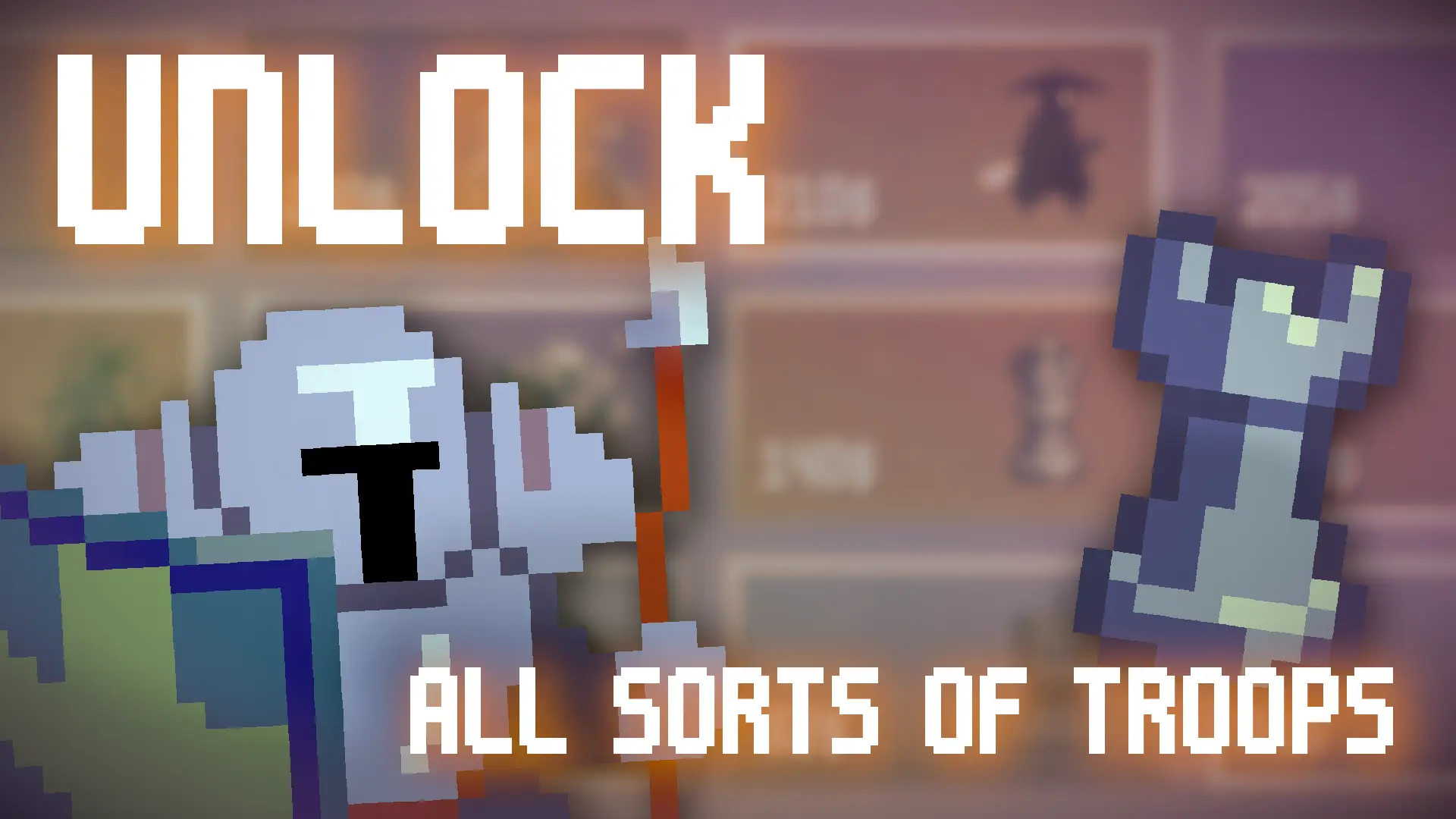 Unlock a variety of unique troops in Pixel Siege, including a giant knight and a chess rook, with more units in the background