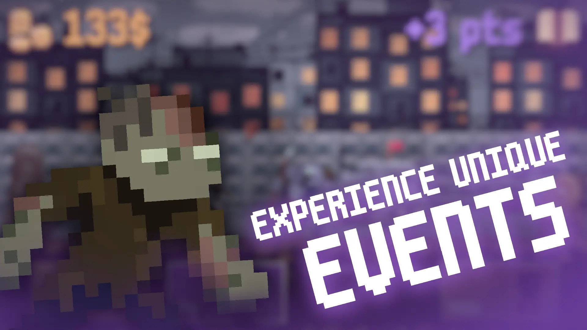 Pixel Siege event screen showing a pixelated zombie and neon text 'Experience unique events' over a Soviet-style city at night