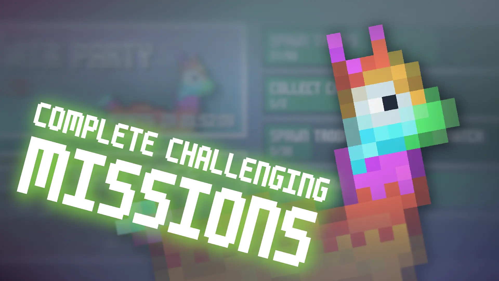Colorful pixelated llama in front of Pixel Siege's daily missions screen with neon green text saying 'Complete challenging missions'